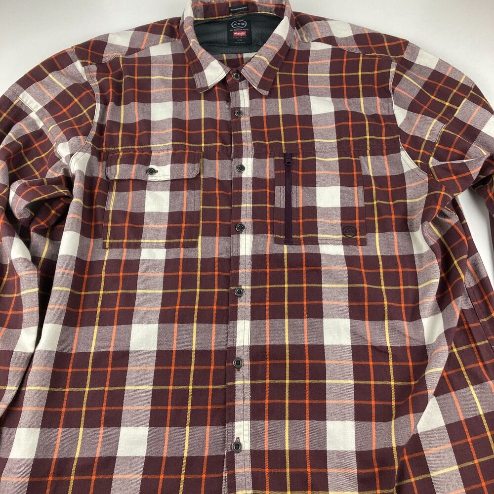 Wrangler ATG Mens XXL Plaid Outdoor Shirt Long Sleeve Zip Pocket Hiking Work